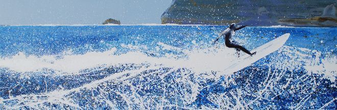 Polzeath, Cornwall - surfer, shadow, sea spray flying. 