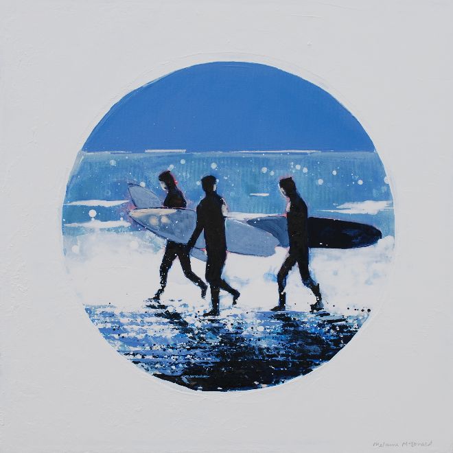 Three Surfers, Polzeath (Porthole painting)