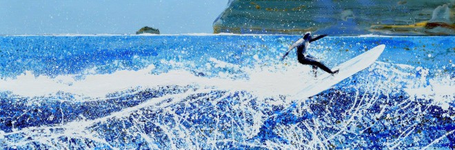 Polzeath, Cornwall - surfer, shadow, sea spray flying. 